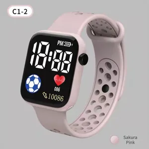 Pink square LED digital electronic watch for students, breathable silicone strap sports watch.