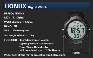 Orologio sportivo digitale HONHX 50mm con cinturino in PU, sveglia, conto alla rovescia e luce.