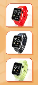 Details der LED Digital-Sportuhr mit mehrfarbigem Silikonarmband und elektronischem Display.