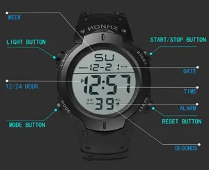 Vista dettagliata dell'orologio sportivo digitale con etichette di funzione e schermo chiaro.