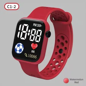 Watermelon red LED digital electronic sports watch with hollow silicone strap for students.