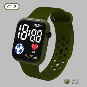 Army green LED digital sports watch with hollow strap, square dial, waterproof student watch.