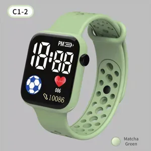 Detailed view of the square LED digital sports watch with breathable green silicone strap.