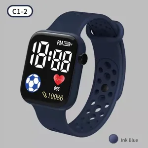 Fashion LED digital watch with ink blue hollow silicone strap, square dial sports electronic watch.