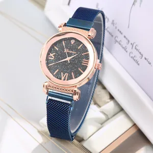 Orologio al Quarzo Donna Quadrante Stellato Cassa Oro Rosa Cinturino Maglia Blu Moda