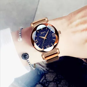 Orologio donna cielo stellato maglia magnetica oro rosa, elegante quarzo semplice.