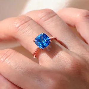 Bague en Zircon Coussin Bleu en Argent Sterling 925 Plaqué Or Rose Femmes Luxe Gemme Colorée Bague de Doigt Bijou Cadeau