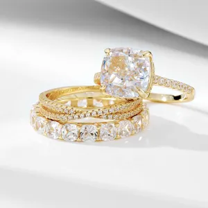 Detail view of 925 silver 5A zircon wedding ring set featuring cushion cut simulated diamond.