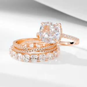 Luxury 925 silver cubic zirconia bridal ring set, cushion cut engagement ring, elegant jewelry.
