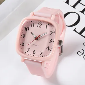 Rosa quadratische Quarzuhr für Teenager, stilvolle minimalistische Silikon Armbanduhr.