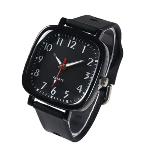Schwarze quadratische Quarzuhr für Jugendliche, stilvolle Schüleruhr Silikonarmband