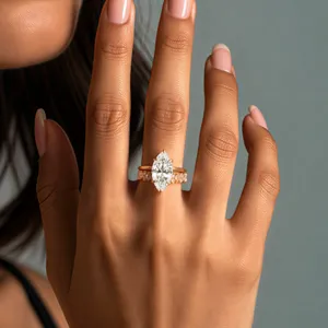 Close-up detail shot of sterling silver marquise zircon stackable ring set on hand model.