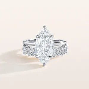 Close-up detail of the stunning marquise cut zircon silver stackable ring set. Perfect shine.