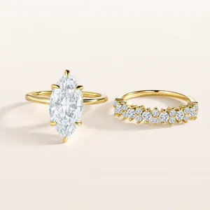 Detailed shot of a stunning S925 sterling silver marquise cut zirconia stacking ring set.