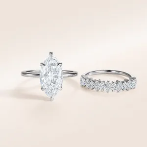 Detailed view of exquisite sterling silver marquise cut zirconia stackable ring set.