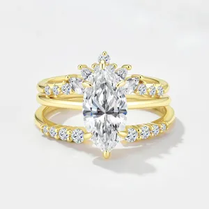 S925 sterling silver 2 carat D color moissanite marquise crown stackable ring set jewelry