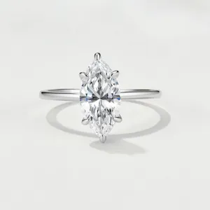 Exquisite marquise cut moissanite ring crafted with sterling silver, detailed close-up view.