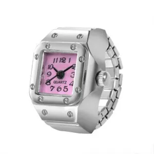 Detailed close-up of the square dial pink quartz ring watch featuring clear numeric markers.