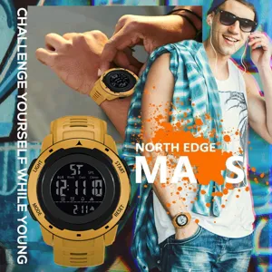 Detailed view of the digital sports watch showing clear display and durable yellow casing.