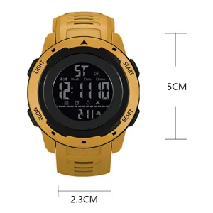 Yellow digital sports watch close-up detail showing 5cm watch face and 2.3cm strap sizing.