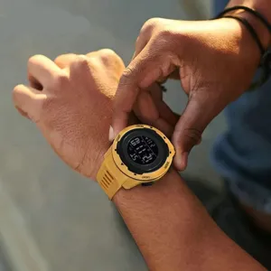 Men sports digital watch with yellow rubber strap, waterproof outdoor electronic watch.