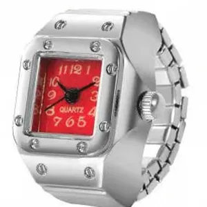 Creative alloy finger ring watch with square red dial and quartz movement for stylish wear.