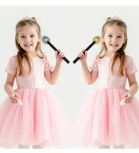 Kids toy microphone prop for party dress up, silver and gold fake mic for children stage show.