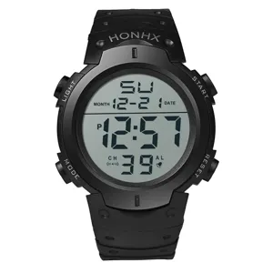 Vista dettagliata dell'orologio sportivo digitale nero con schermo LCD e cinturino in resina.