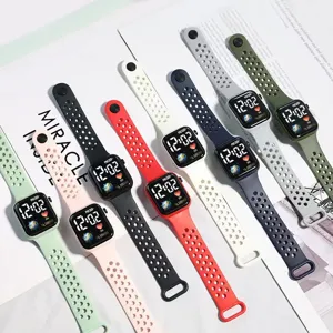 Fashion LED digital watch with square dial and hollow breathable silicone strap for daily wear.