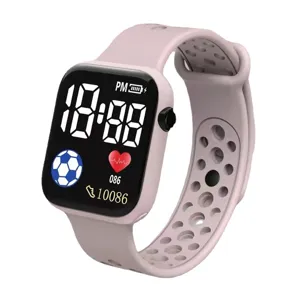 Fashion LED digital electronic watch with square dial and pink breathable silicone strap.