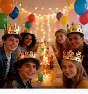 Gold crown party hat with colorful jewels, perfect birthday celebration costume accessory.