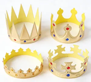 Detailed view of gold crown party hats decorated with colorful artificial gems, children props.