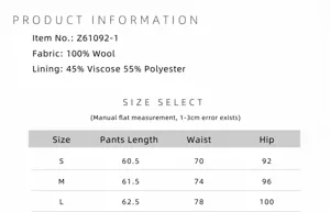 Wool blend pencil skirt size chart detailing length, waist and hip measurements for S, M, L.
