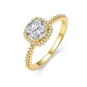 Anillo de compromiso de plata 925 con circón cuadrado, alianza elegante chapada en oro mujer