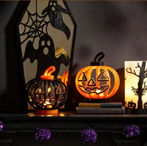 Halloween pumpkin night light retro hollow candle holder tabletop decor spooky party props