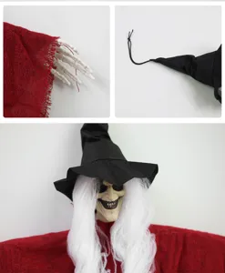 Halloween hanging grim reaper prop detail showing skeletal hands, witch hat and scary face
