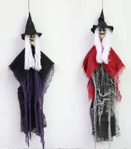 Hanging Halloween witch props with pointy hats, white hair, and layered mesh details.