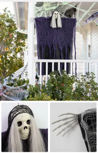 Halloween hanging grim reaper skeleton decoration prop for haunted house and outdoor porch setup.