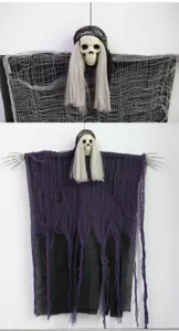 Halloween hanging grim reaper skeleton prop with creepy skull, long hair and tattered mesh.