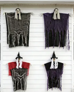 Halloween hanging skeleton reaper props, tattered cloth scary ghost decoration for outdoor porch.