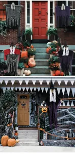 Halloween porch outdoor scene with hanging grim reaper ghosts, pumpkins and spooky decor.