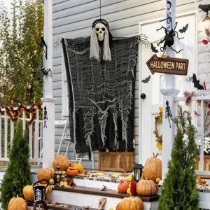 Halloween hanging reaper skeleton prop for spooky haunted house party porch yard decor.