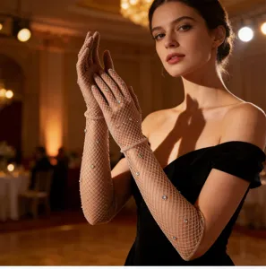 Guanti in rete con strass scintillanti da donna, lunghi guanti da sera in tulle trasparente.