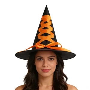 Detailed shot of a classic black Halloween witch hat featuring vibrant orange laced ribbon.