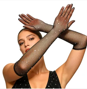 Guanti a rete neri con strass dettaglio, maniche da braccio sexy per festa e vita notturna.