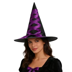 Detailed view of a black Halloween witch hat featuring a vibrant purple satin ribbon bow.