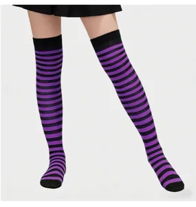 Damen schwarz lila gestreifte Kniestruempfe, Mode Cosplay lange Straempfe fuer Party.
