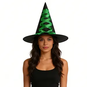 Detailed close-up of a black witch hat with green ribbon lacing for Halloween party costumes.