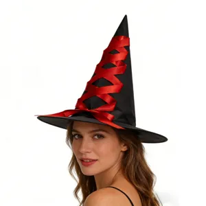 Detailed view of a classic Halloween witch hat with black fabric and a vibrant red ribbon.