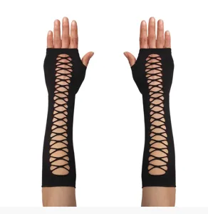 Schwarze ärmellose Langarm Fischnetz Handschuhe Gothic Schnürung Damen Party Kostüm Neu.
